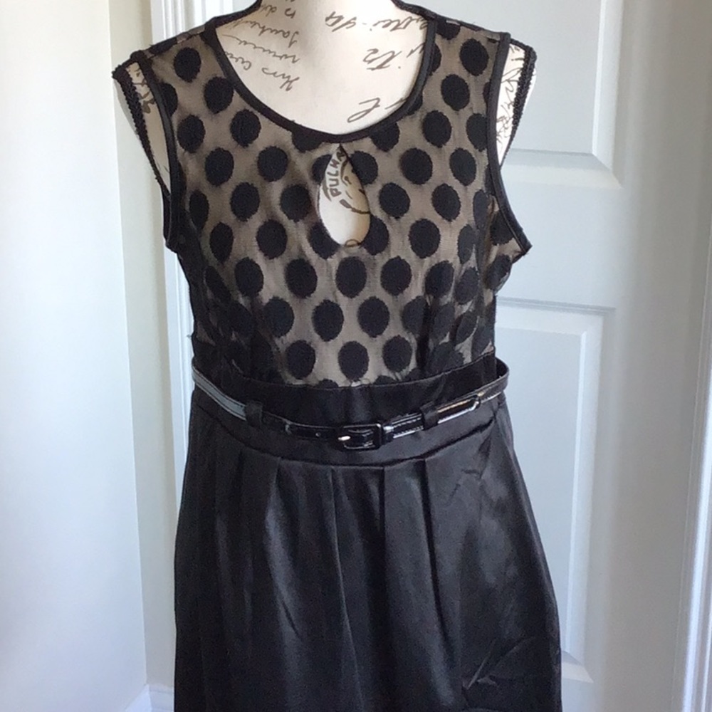 I.N. SF black vintage style party  dress keyhole neck satin skirt with belt Sz 9